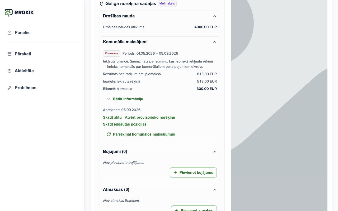 Sadaļa Pakalpojumi galīgajā norēķinā: Piemaksa, rezultāts no rādījumiem 813,00 EUR, iepriekš pieskaitīts rēķinā 513,00 EUR, atlikumā piemaksa 300,00 EUR