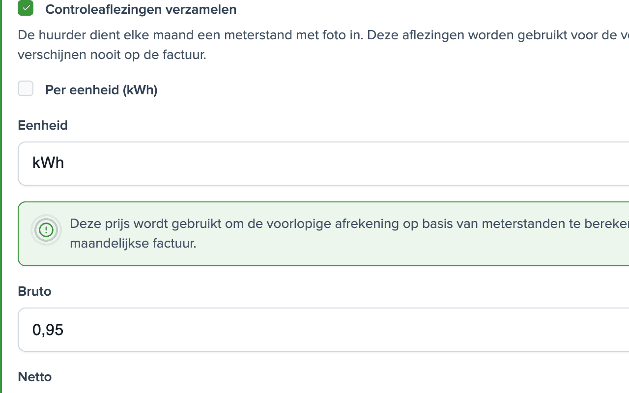 Instellingen nutsvoorziening Elektriciteit: controlestanden aan, eenheid kWh, prijs 0,95 EUR bruto per kWh