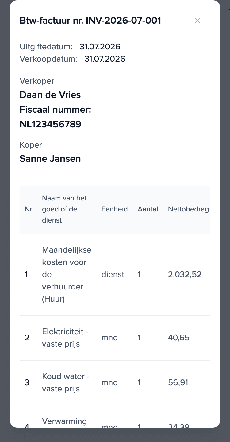 Factuur van de huurder met de posten: huur en voorschot voor elektriciteit