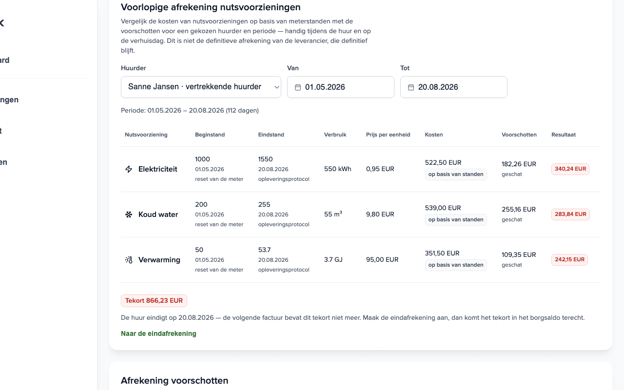 Paneel Voorlopige afrekening nutsvoorzieningen: drie nutsvoorzieningen met standen, kosten en voorschotten, resultaat Bijbetaling 866,23 EUR en link naar de eindafrekening