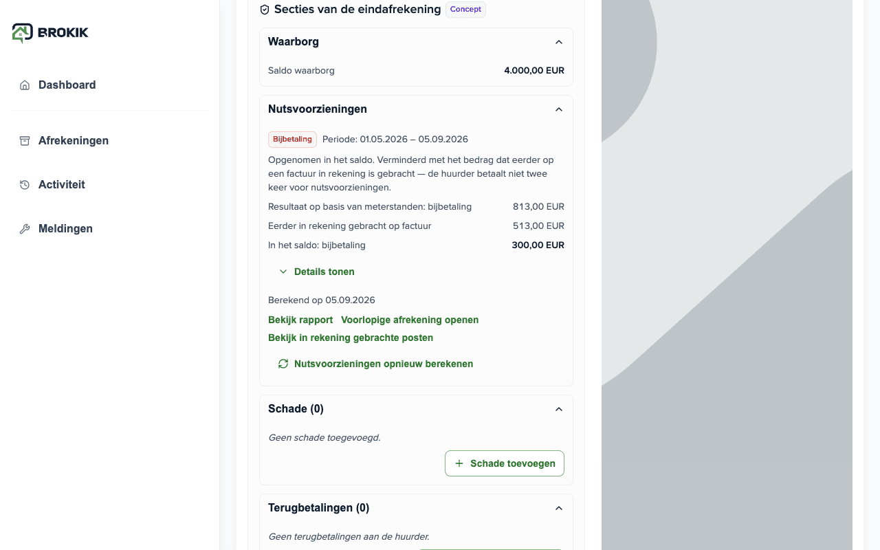 Sectie Nutsvoorzieningen in de eindafrekening: Bijbetaling, resultaat uit standen 813,00 EUR, eerder toegevoegd op factuur 513,00 EUR, bijbetaling in saldo 300,00 EUR
