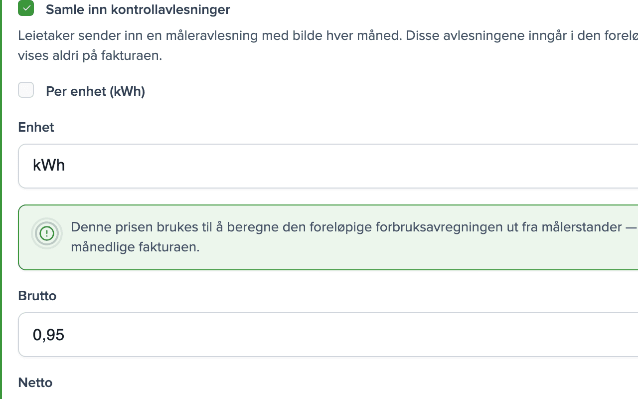Innstillinger for forbruk Strøm: kontrollavlesninger på, enhet kWh, pris 0,95 NOK inkl. mva per kWh