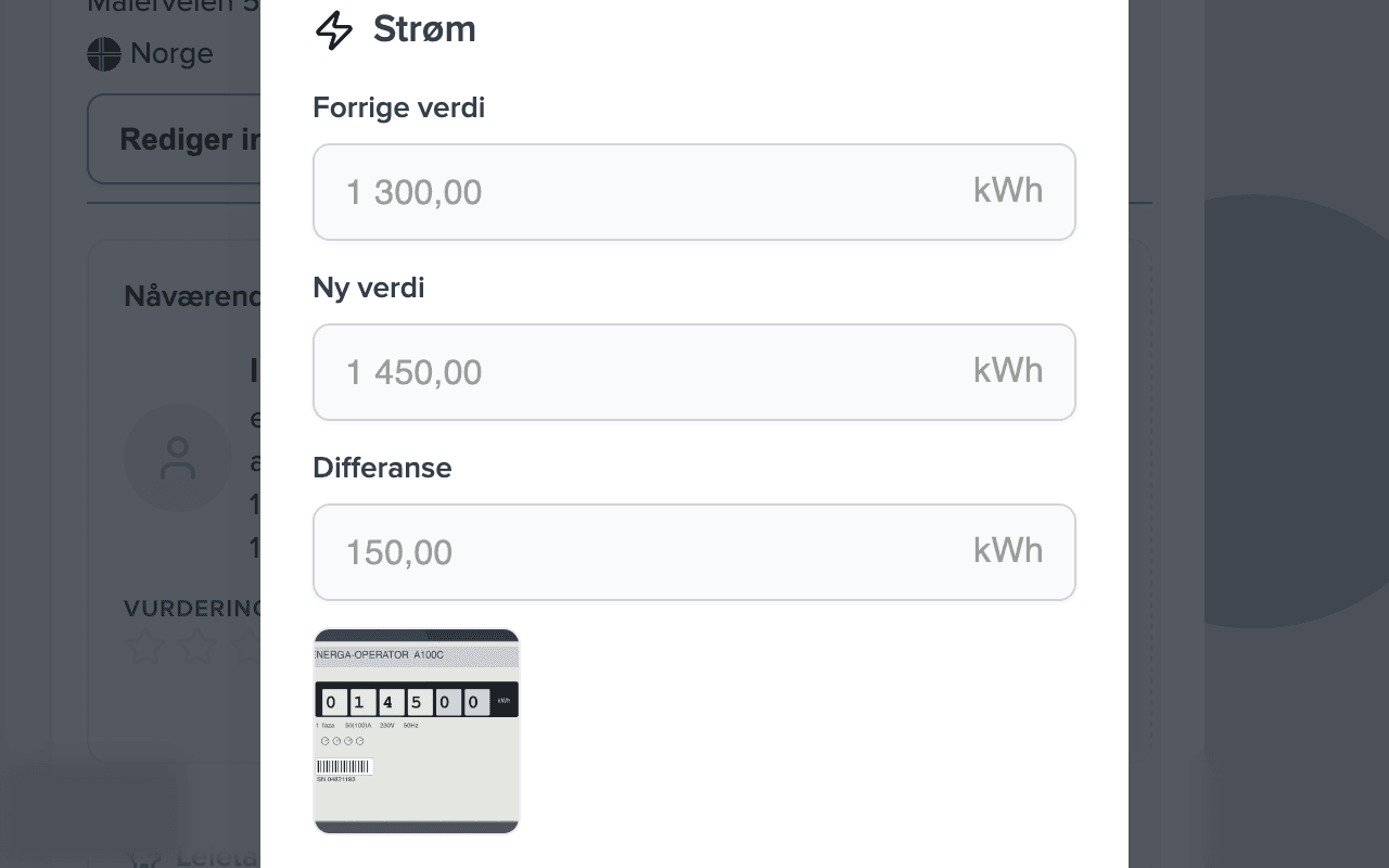Dialog for godkjenning av avlesning: forrige verdi 1 300 kWh, ny verdi 1 450 kWh, differanse 150 kWh, miniatyrbilde av måleren