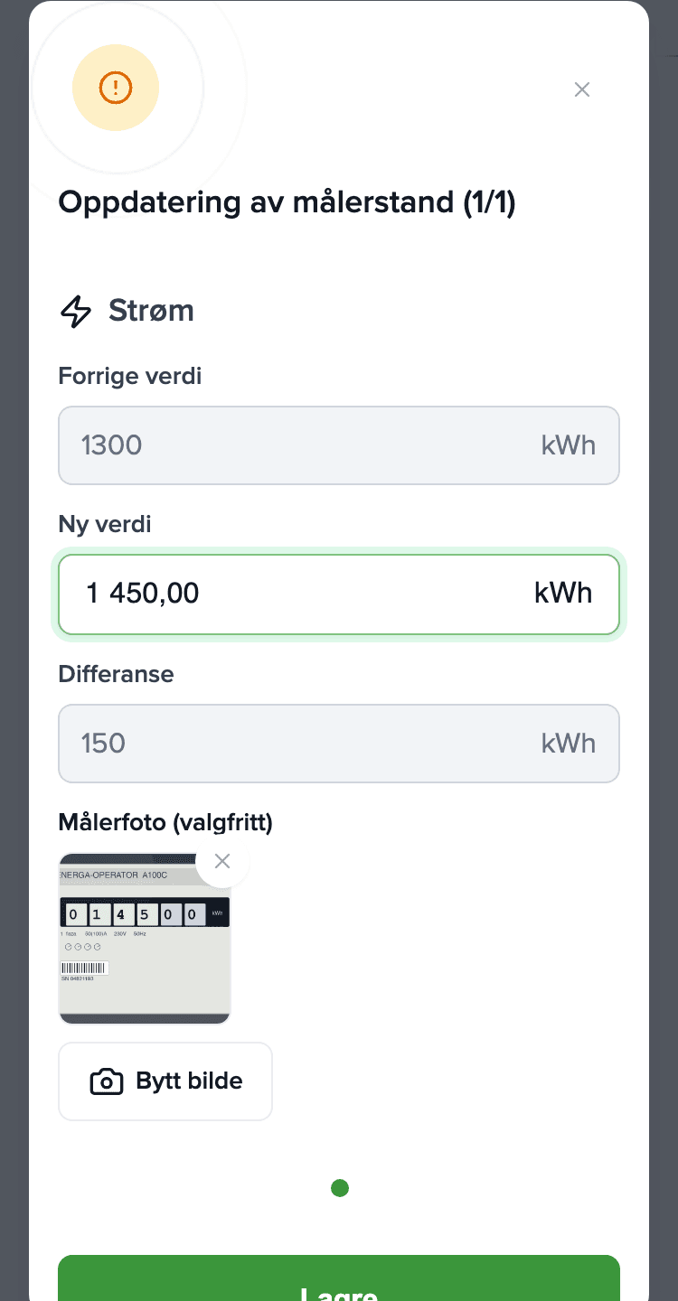 Dialog for måleravlesning på telefonen: Strøm, ny verdi 1 450 kWh, målerbilde lagt til