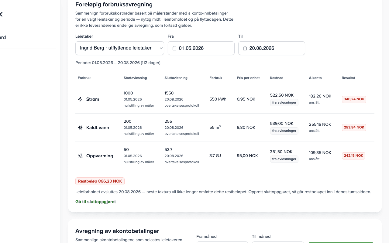 Panel Foreløpig forbruksavregning: tre forbrukstyper med avlesninger, kostnad og akontobeløp, resultat Etterbetaling 866,23 NOK og lenke til sluttavregningen