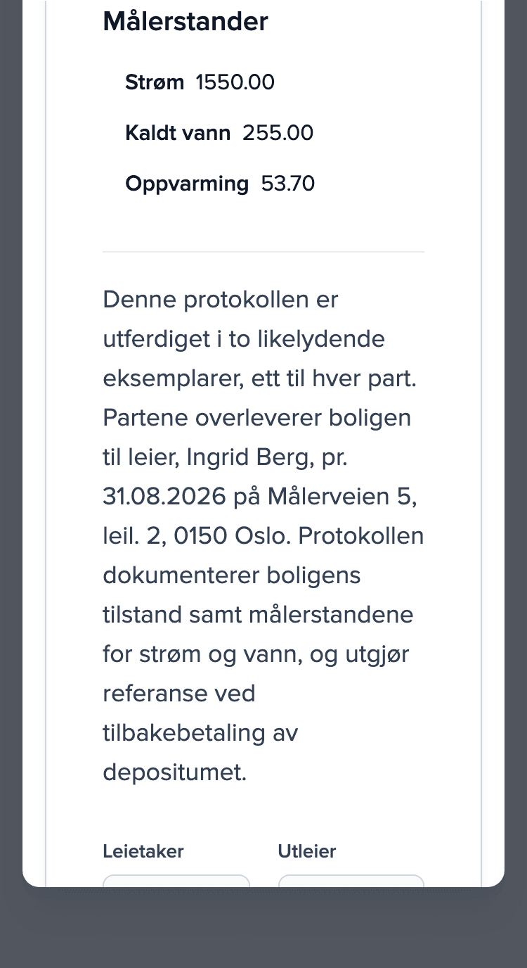 Overtakelsesprotokoll på telefonen: seksjonen Målerstander (strøm, kaldt vann, oppvarming) og tomme signaturfelt for leietaker og eier