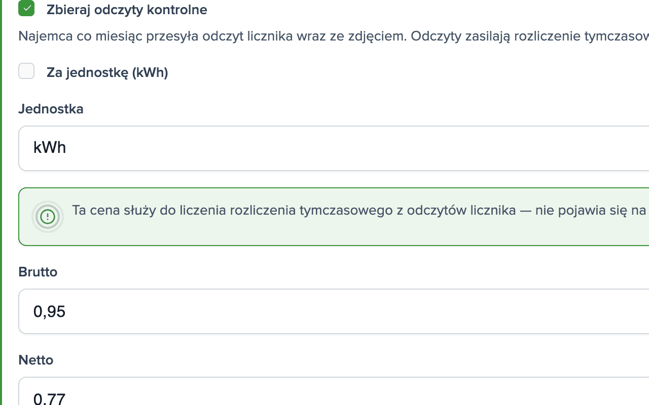Ustawienia medium Energia elektryczna: włączone odczyty kontrolne, jednostka kWh, cena 0,95 zł brutto za kWh