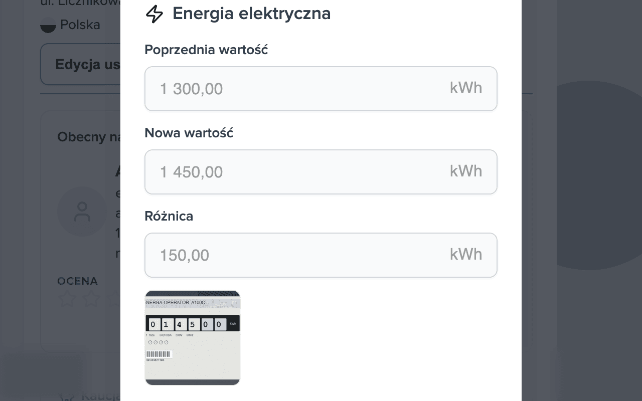 Dialog zatwierdzania odczytu: poprzednia wartość 1 300 kWh, nowa 1 450 kWh, różnica 150 kWh, miniatura zdjęcia licznika