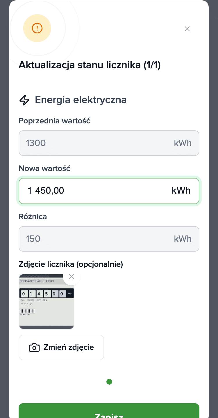 Dialog odczytu licznika na telefonie: Energia elektryczna, nowa wartość 1 450 kWh, dodane zdjęcie licznika