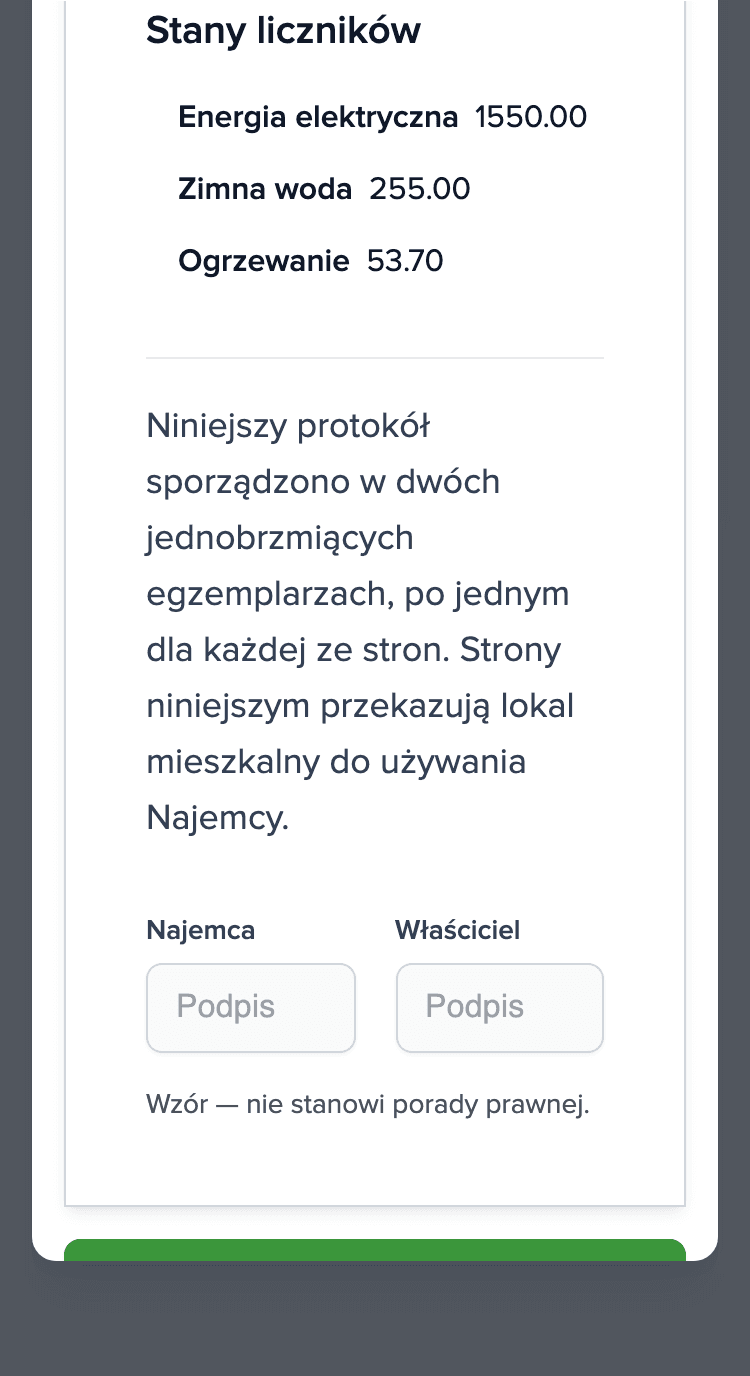 Protokół zdawczo-odbiorczy na telefonie: sekcja Stany liczników (energia elektryczna, zimna woda, ogrzewanie) i puste pola podpisu najemcy i właściciela