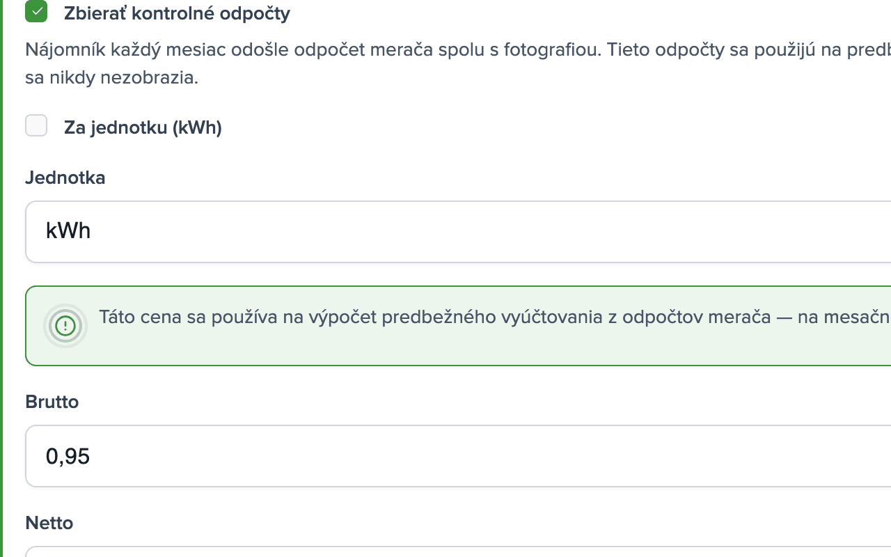 Nastavenia média Elektrina: zapnuté kontrolné odpočty, jednotka kWh, cena 0,95 EUR s DPH za kWh
