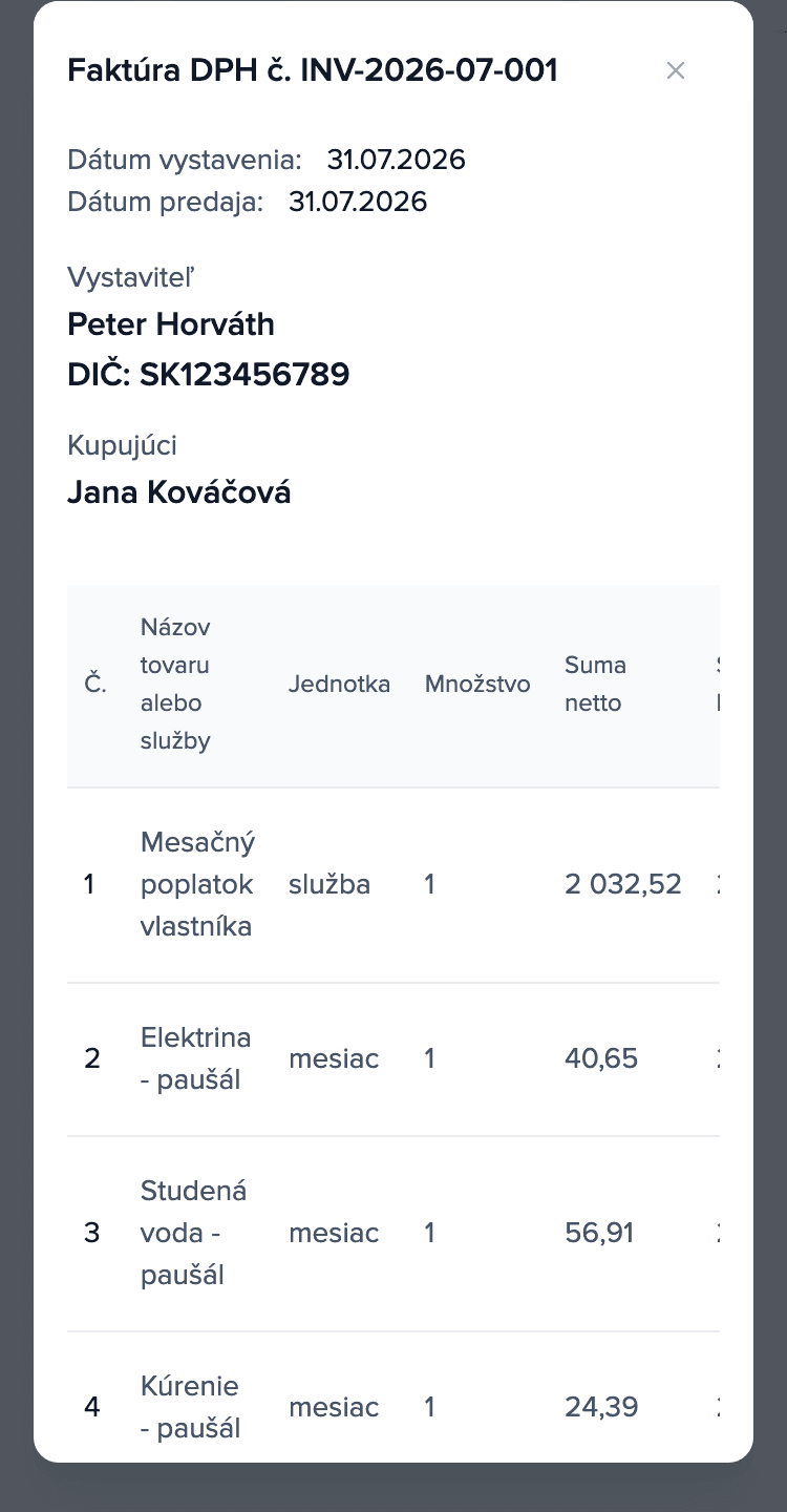 Faktúra nájomcu s položkami: nájomné a záloha za elektrinu