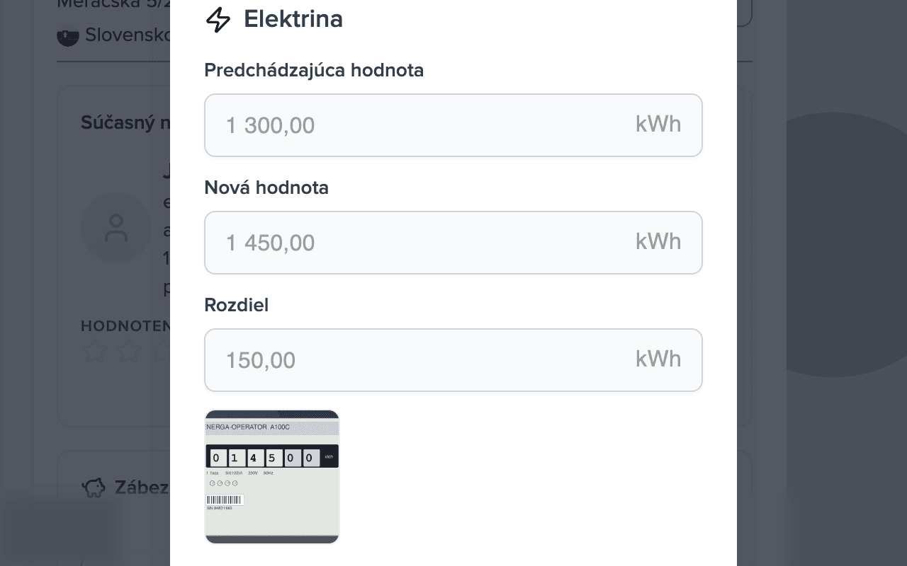 Dialóg schválenia odpočtu: predchádzajúca hodnota 1 300 kWh, nová 1 450 kWh, rozdiel 150 kWh, miniatúra fotky merača