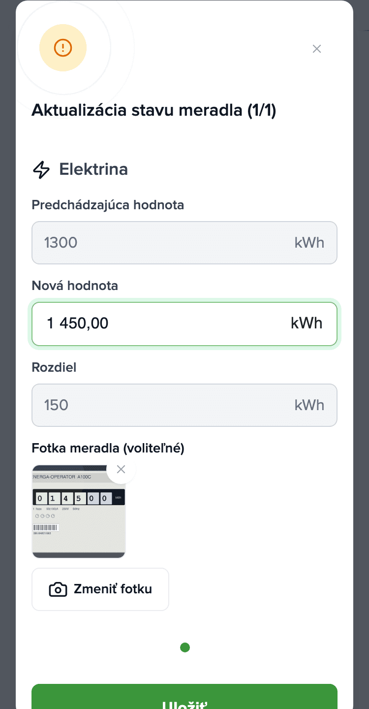 Dialóg odpočtu merača na telefóne: Elektrina, nová hodnota 1 450 kWh, pridaná fotka merača