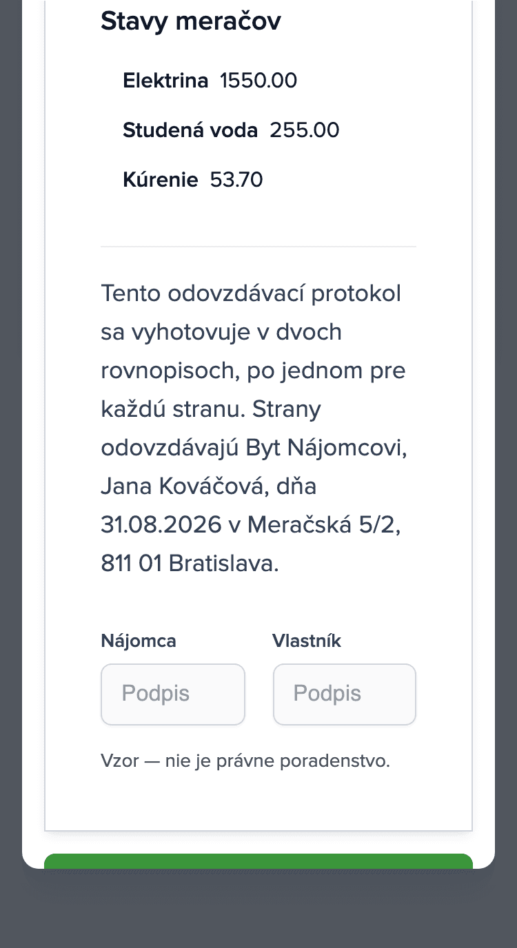 Odovzdávací protokol na telefóne: sekcia Stavy meračov (elektrina, studená voda, kúrenie) a prázdne polia podpisu nájomcu a vlastníka