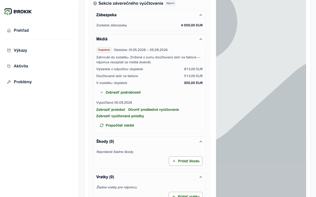 Sekcia Médiá v konečnom vyúčtovaní: Nedoplatok, výsledok z odpočtov 813,00 EUR, pripočítané skôr na faktúre 513,00 EUR, v zostatku nedoplatok 300,00 EUR