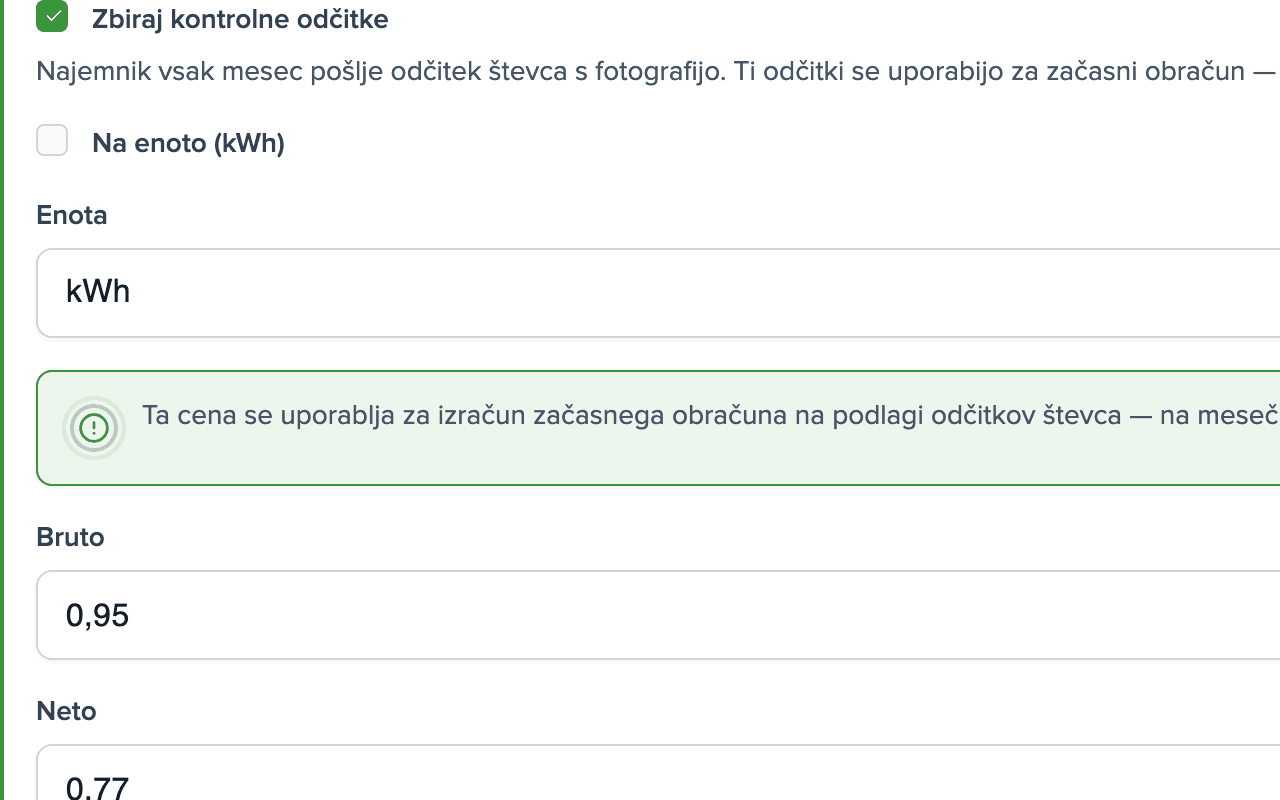 Nastavitve stroška Elektrika: vklopljeni kontrolni odčitki, enota kWh, cena 0,95 € bruto za kWh