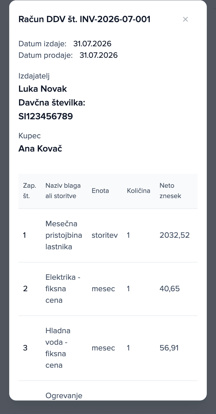 Račun najemnika s postavkama: najemnina in akontacija za elektriko