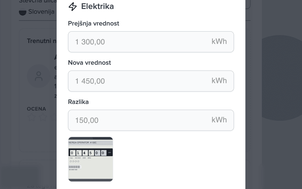 Pogovorno okno za potrditev odčitka: prejšnja vrednost 1.300 kWh, nova 1.450 kWh, razlika 150 kWh, sličica fotografije števca