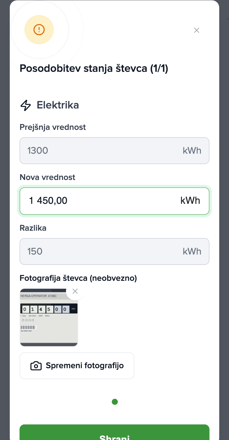 Pogovorno okno za odčitek števca na telefonu: Elektrika, nova vrednost 1.450 kWh, dodana fotografija števca