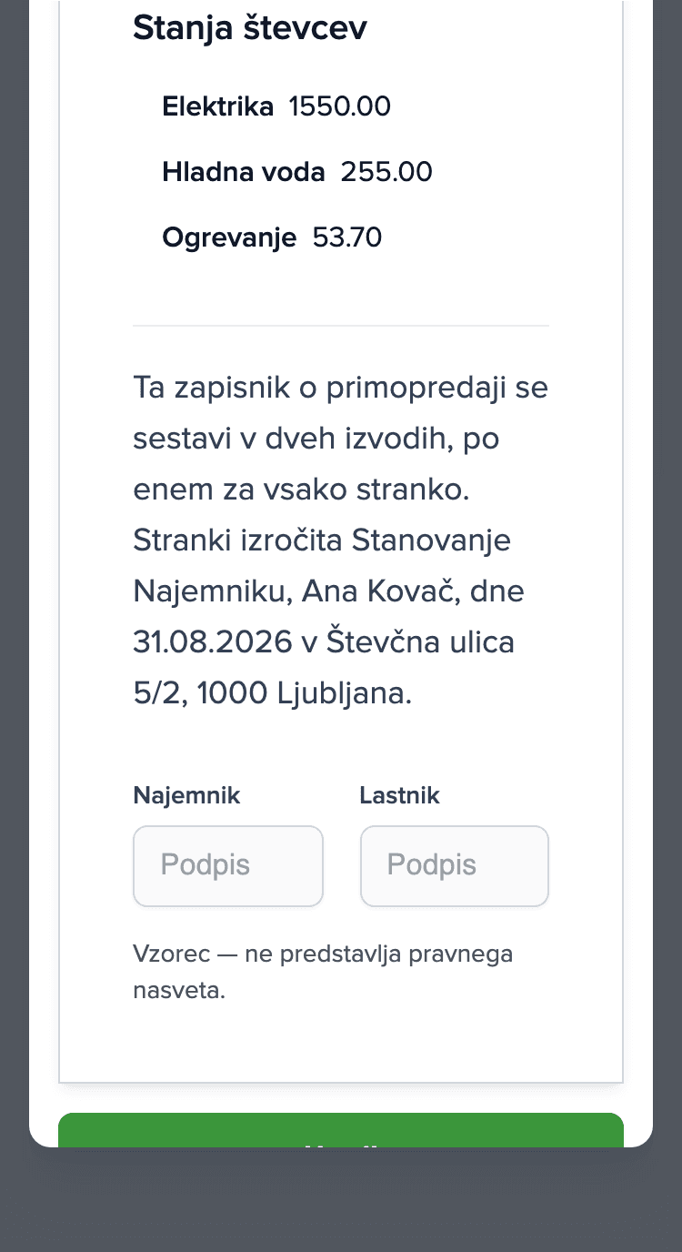 Primopredajni zapisnik na telefonu: razdelek Stanja števcev (elektrika, hladna voda, ogrevanje) in prazna polja za podpis najemnika in lastnika