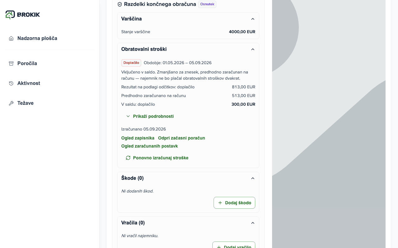 Razdelek Stroški v končnem obračunu: Doplačilo, rezultat iz odčitkov 813,00 €, predhodno zaračunano na računu 513,00 €, v stanju doplačilo 300,00 €