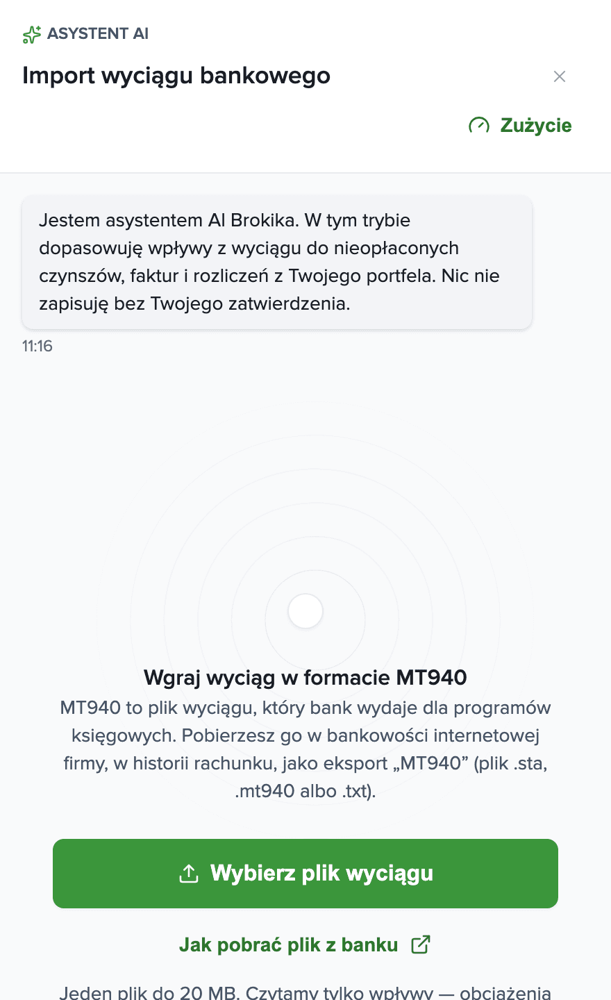 Panel asystenta z pustym stanem importu wyciągu bankowego