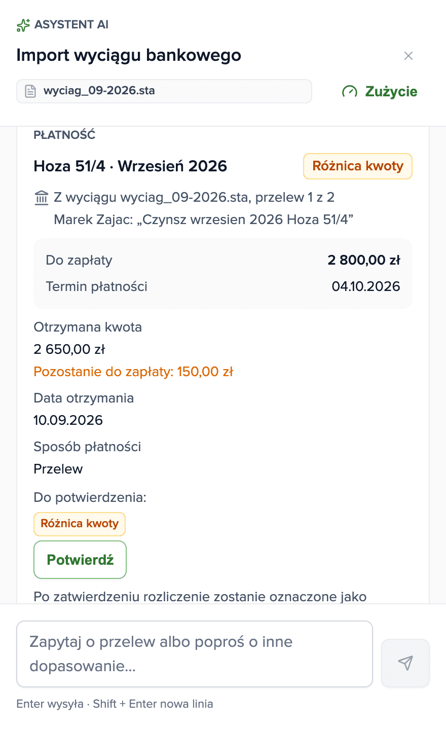 Szkic płatności z oznaczoną różnicą kwoty