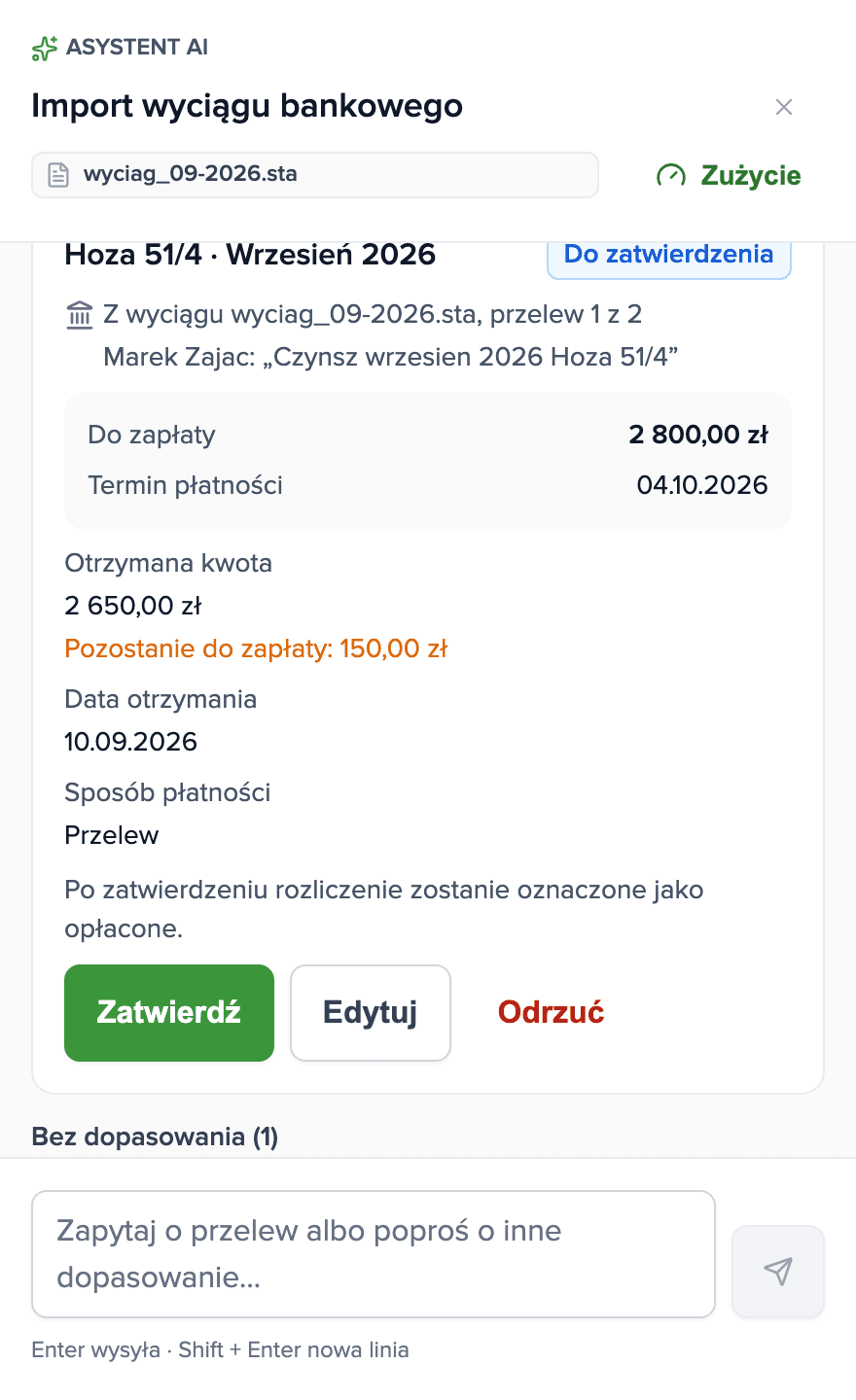 Lista przelewów bez dopasowania z przyciskiem Zatwierdź wszystkie