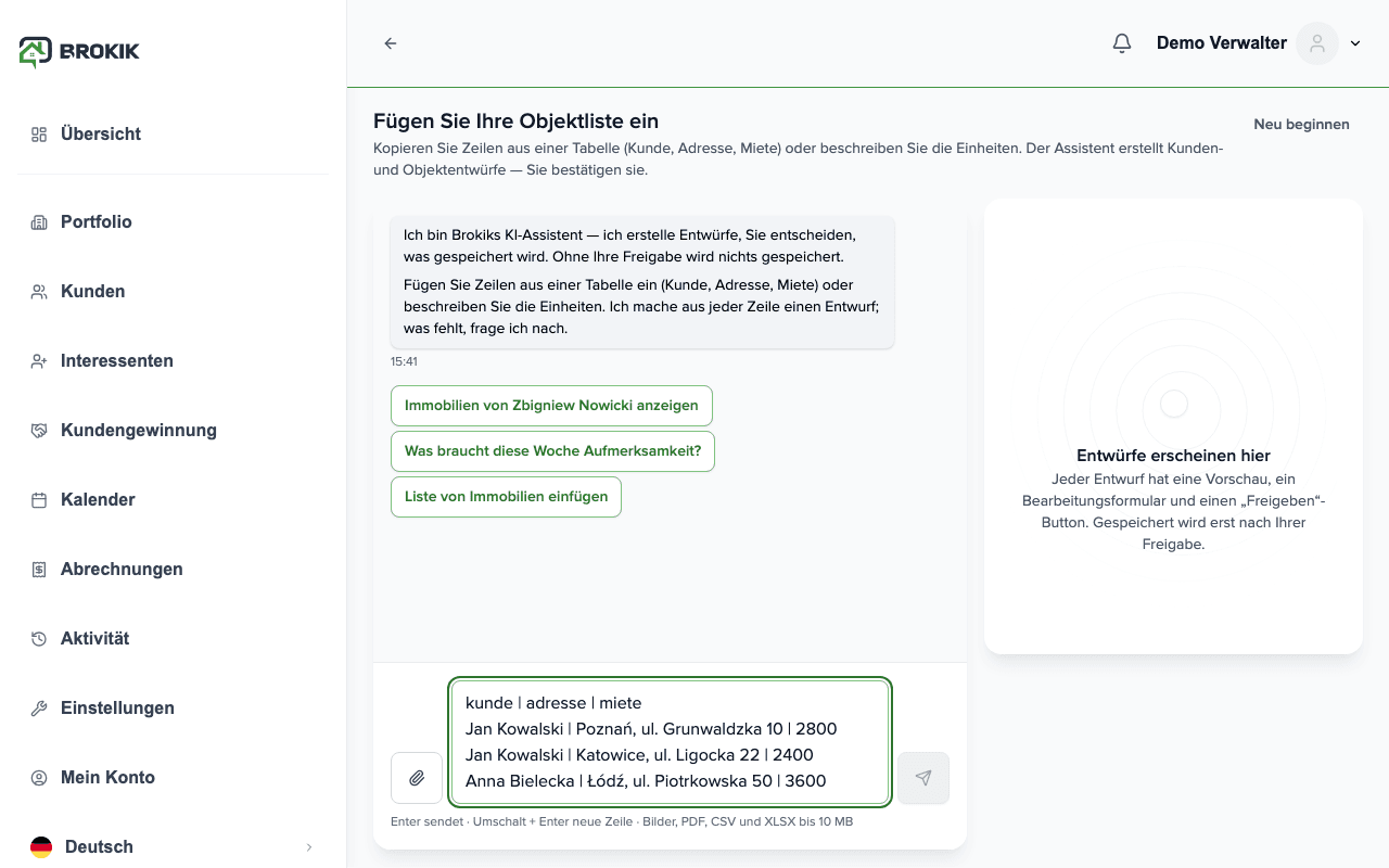 Chatfenster des Assistenten mit einer eingefügten Tabelle von Einheiten