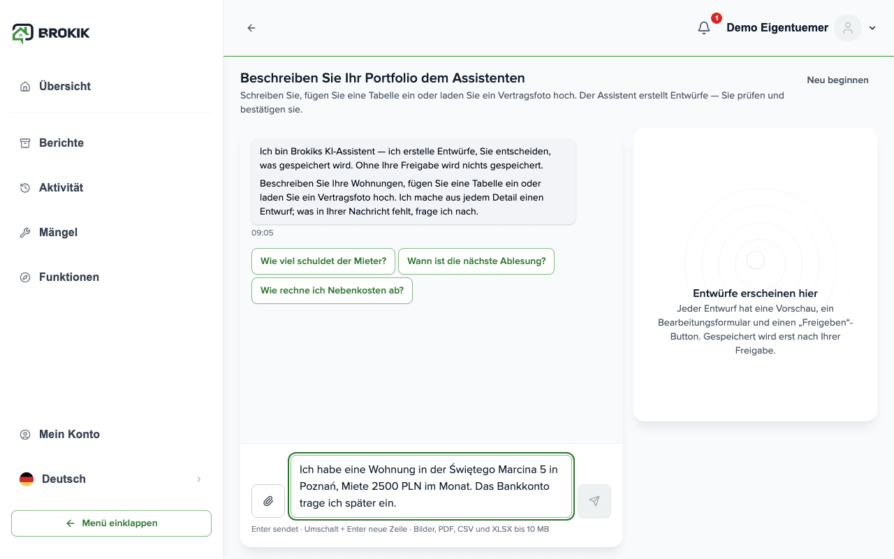 Chatfenster des Assistenten mit einer eingegebenen Nachricht über eine neue Wohnung