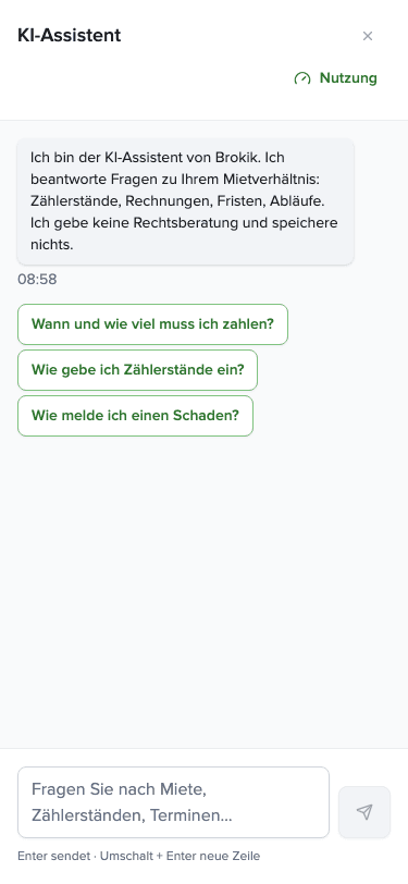 Assistentenpanel in der Mieter-App mit der ersten Nachricht, die offenlegt, dass es eine KI ist