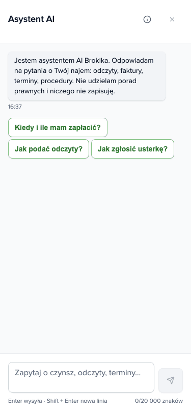 Assistendi paneel üürniku rakenduses, kus esimene sõnum avaldab, et tegu on AI-ga