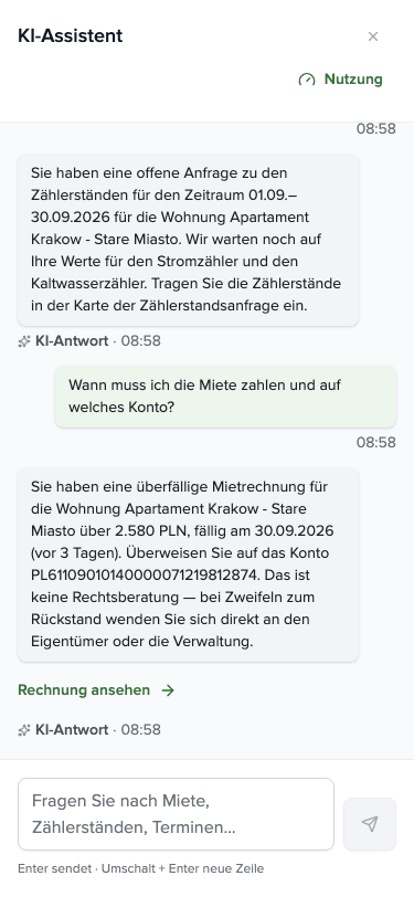 Frage und Antwort des Assistenten mit Rechnungsbetrag und Fälligkeitsdatum