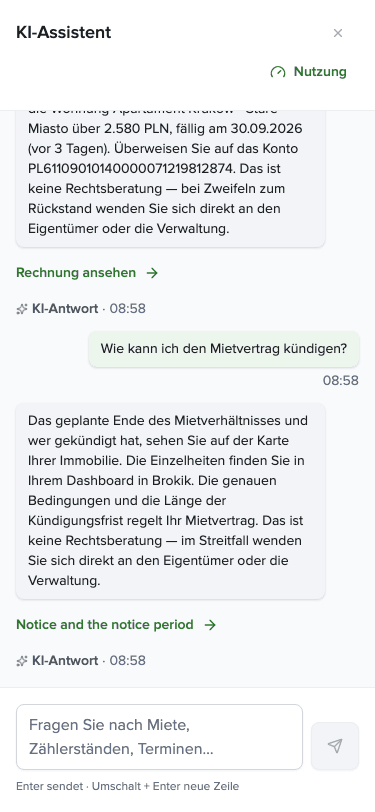 Frage und Antwort des Assistenten mit Verweis an den Vermieter und Fragenzähler