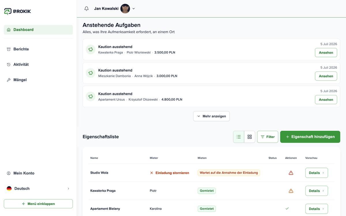 Brokik-Dashboard mit der Immobilienliste