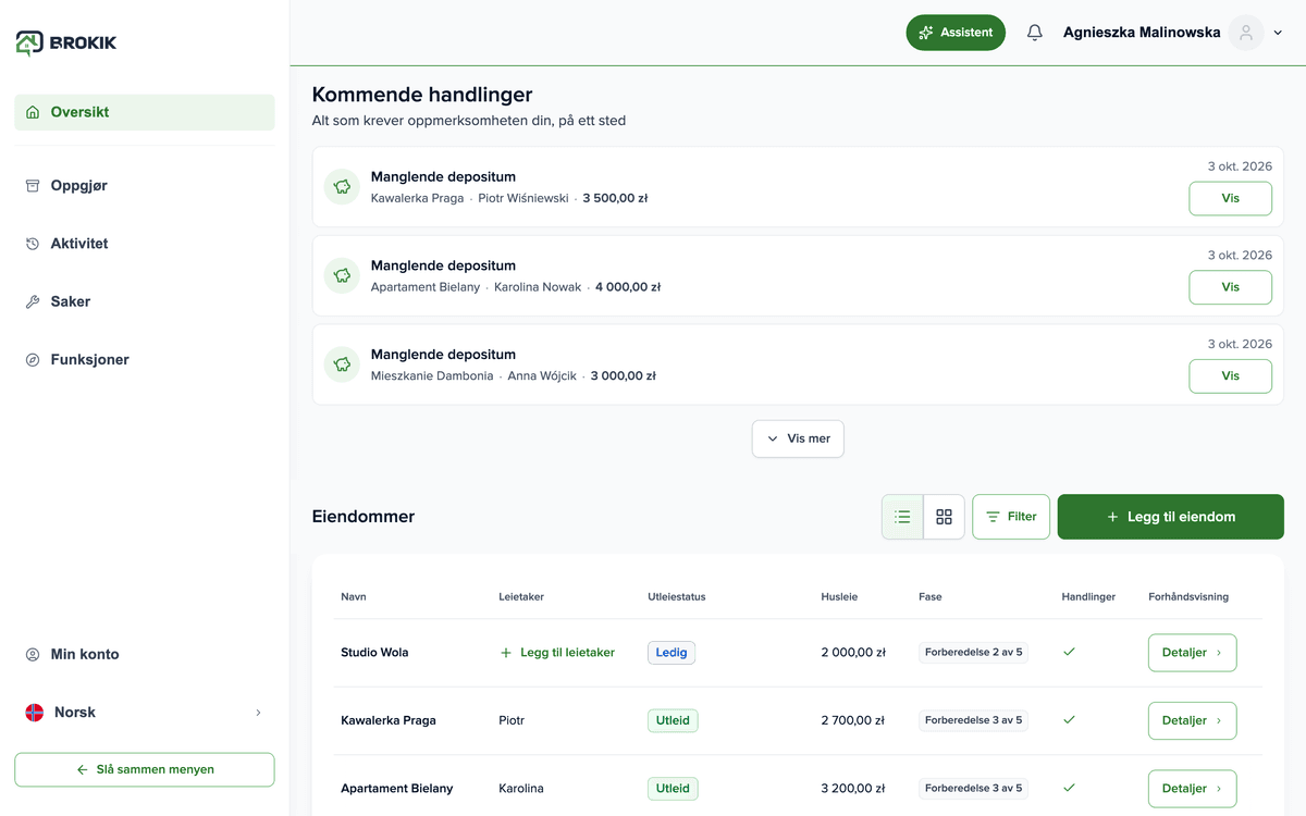 Brokik-dashboard med boliglisten