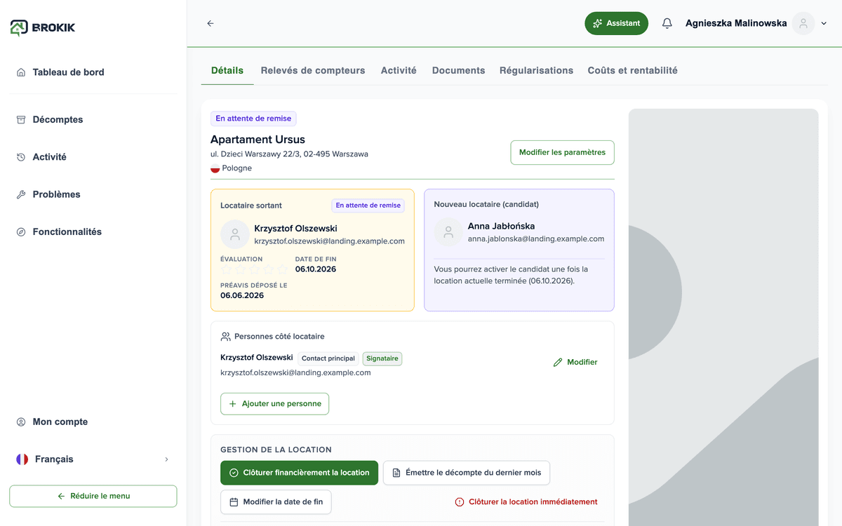 Aperçu d’un bien Brokik avec locataire, dépôt de garantie et règlements