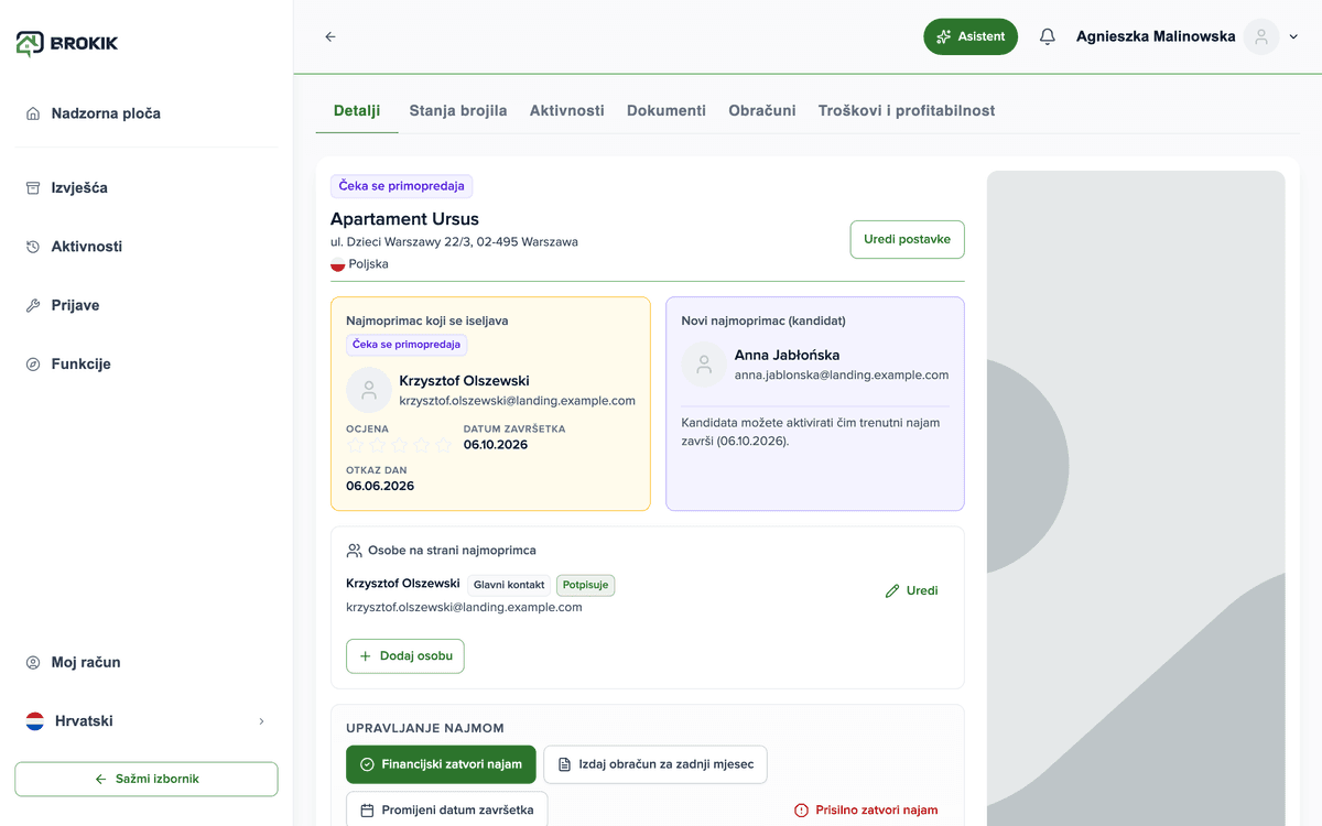 Pregled nekretnine u Brokiku s najmoprimcem, pologom i obračunima
