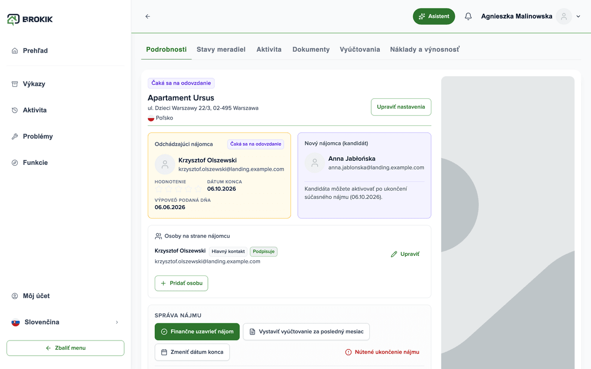 Náhľad nehnuteľnosti v Brokik s nájomcom, zábezpekou a vyúčtovaniami